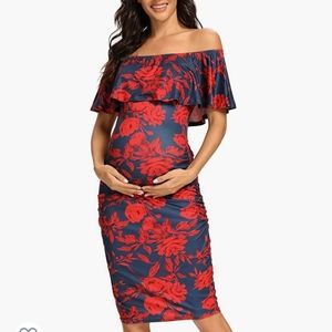 Maternity off the shoulder red navy dress. Large